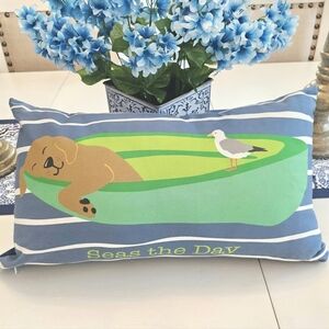 Blue Decorative Dog Pillow Up Country Nautical "Seas The Day" Zipper Cover